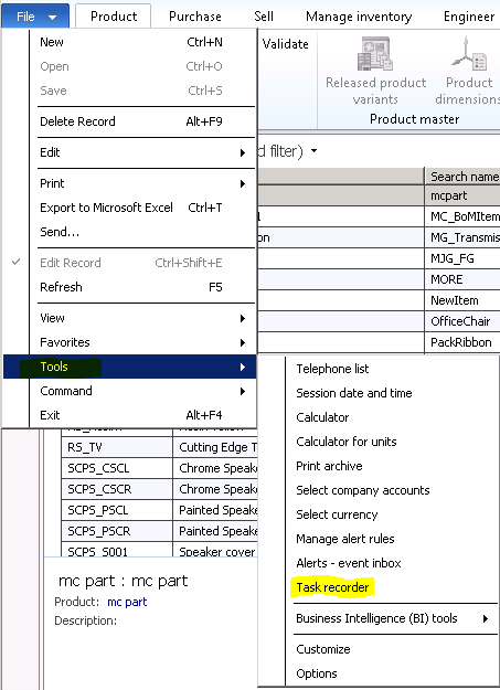 Task Recorder Menu Task Recorder Menu